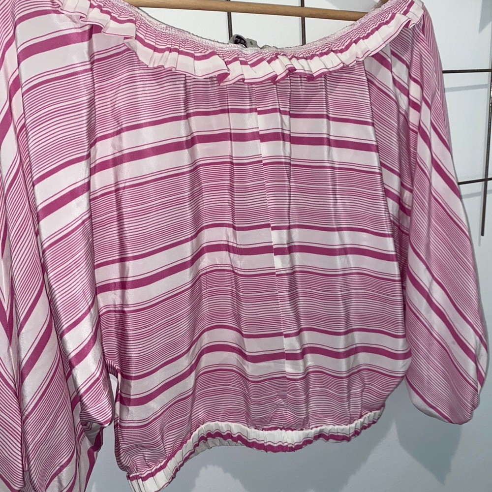 Tucker S Silk blouse crop stripe off shoulder pink